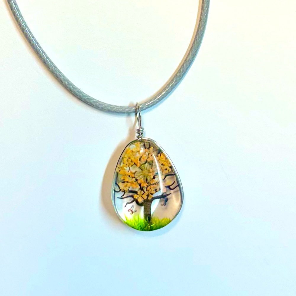 Handmade Lace Dried Flowers Oval Pendant Necklace #11